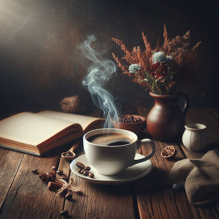 Coffee cup, coffee beans and book on wooden table.の写真素材