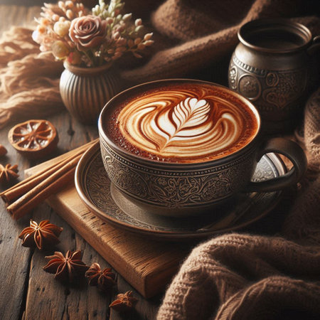 Cup of coffee with latte art on wooden table, selective focusの写真素材