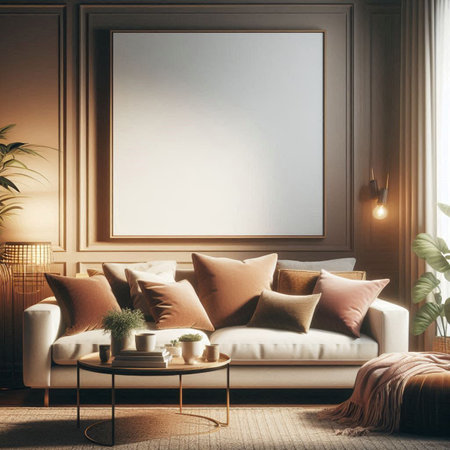 Interior of modern living room with beige sofa, coffee table, coffee table, plant and mock up poster frame. 3d renderの写真素材