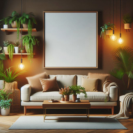 Mock up poster frame in interior background, Scandinavian style. 3d renderの写真素材
