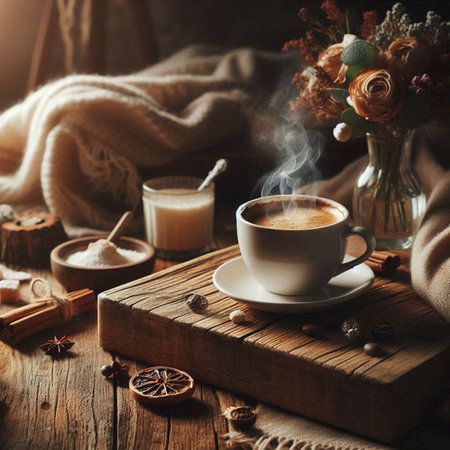 Cup of coffee with milk on a wooden table. Cozy home atmosphere.の写真素材