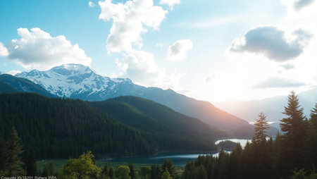 Beautiful mountain landscape with lake and forest at sunset in the mountains
