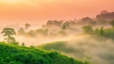 Beautiful misty sunrise in the morning at Phu Langka National Park, Thailand.の写真素材