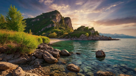 Panoramic view of sea coast at sunset.