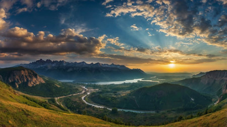 Beautiful panoramic view of the valley and mountains at sunset