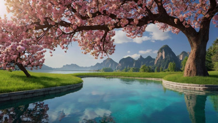 Cherry blossom in spring at karst mountains and lake