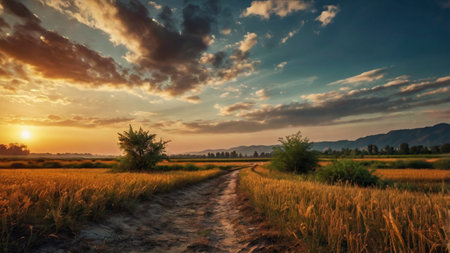 Rice field in the countryside at sunset time. Natural background.
