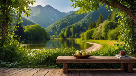 Wooden table on the background of the lake and mountains in the morningの写真素材