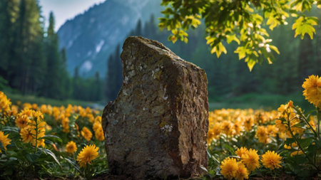 Sunflower meadow with stone in the foreground, Tatra Mountains, Poland