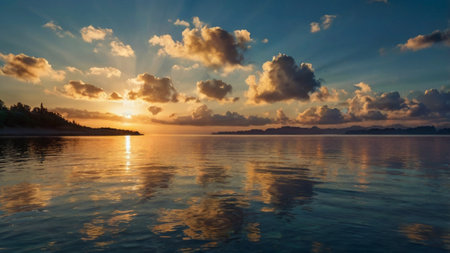 Sunset over the sea with clouds reflected in the water. Beautiful seascape.の写真素材