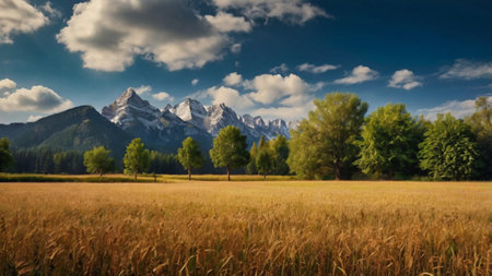 Panoramic view of the Bavarian alps and meadow