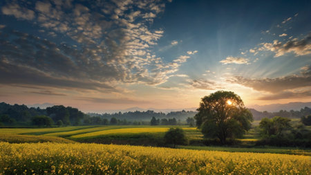 Sunset over the rapeseed field in the countryside of Bavaria