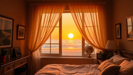 Sunset in the bedroom with a window overlooking the sea and the sun