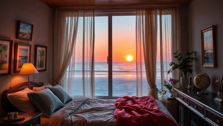 Beautiful sunrise over the sea in a bedroom with a large windowの写真素材