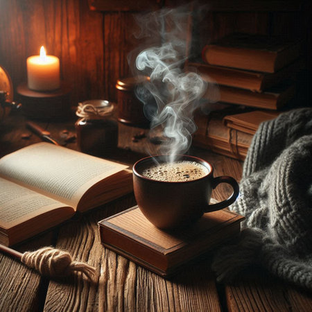 Cup of hot coffee with book, woolen scarf and burning candle on wooden backgroundの写真素材