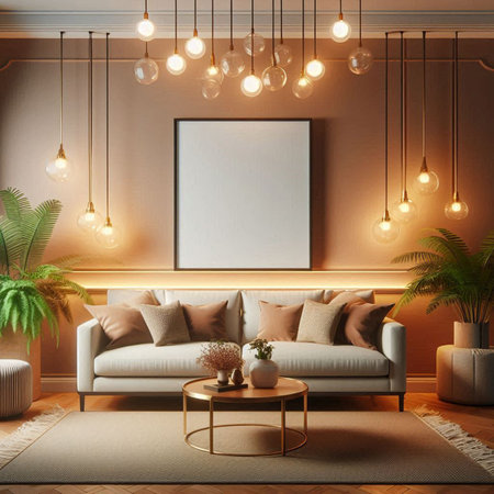 Living room interior with sofa, coffee table and lamps. 3d render
