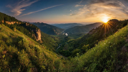 Mountain landscape at sunset. Panoramic view of the valley in the mountains.