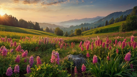 Beautiful alpine meadow with pink lupine flowers at sunsetの写真素材