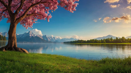 Beautiful spring landscape with blooming tree on the lake shore.の写真素材