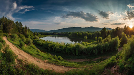 Panoramic view of the lake at sunset. Beautiful summer landscape.