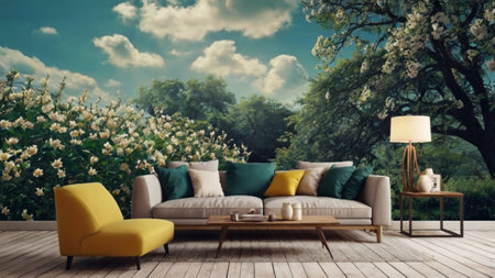 Comfortable sofa in the garden. 3D rendering. Vintage style.の写真素材
