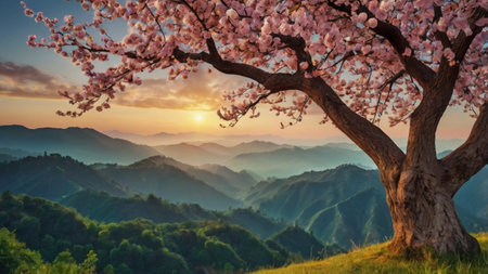 Cherry blossoms in the park with a paved path at sunsetの写真素材