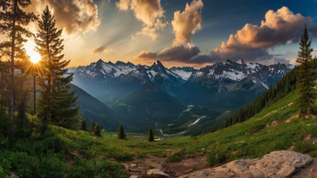 Mountain landscape at sunset. Panoramic view of the mountains.