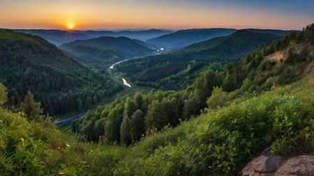 Sunset over the valley in the Carpathian Mountains, Ukraine