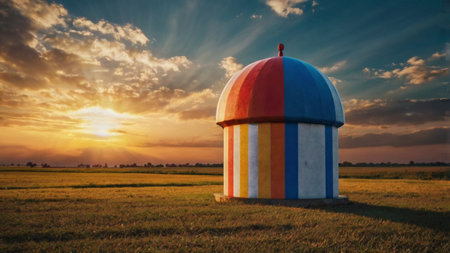 Water tank on rice field at sunset time. Colorful sky.の写真素材