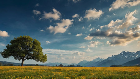 Lonely tree in a field of yellow flowers and mountains in the background