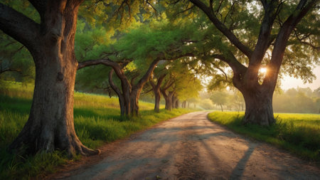 Old oak trees in the morning light at the end of the road
