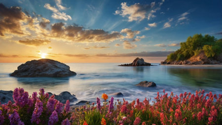 Beautiful seascape with pink flowers. Composition of nature.の写真素材
