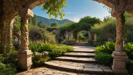 Lonely tree on the meadow with flowers at sunset.の写真素材