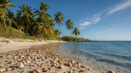 Tropical beach with palm trees and rocks.