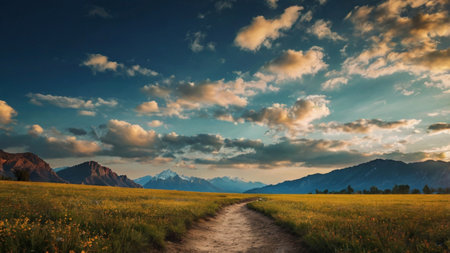 Field in the mountains at sunset. Beautiful summer landscape.