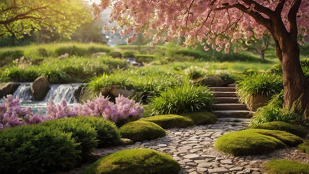 Beautiful spring garden with blooming sakura tree and stone pathの写真素材