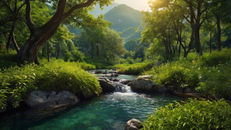 Beautiful landscape of the mountain river in the forest and green treesの写真素材
