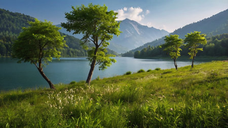 Beautiful summer landscape with alpine lake and mountains in the background