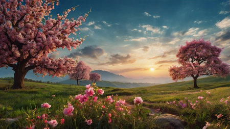 Beautiful spring landscape with pink cherry blossoms blooming on meadow at sunsetの写真素材