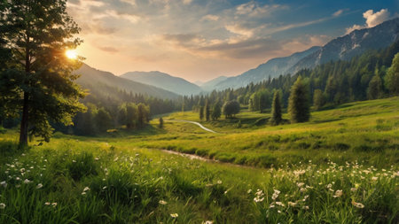 Mountain landscape at sunset. Panoramic view of the meadow and forest.の写真素材