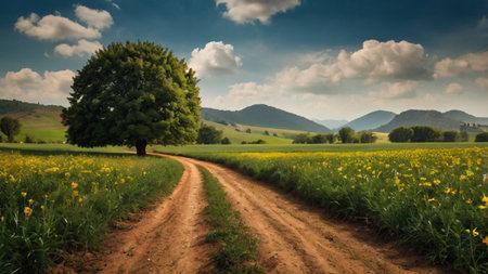 Country road through a field of yellow flowers and a tree in the backgroundの写真素材