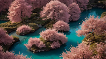 Cherry blossoms in full bloom with blue water in the background