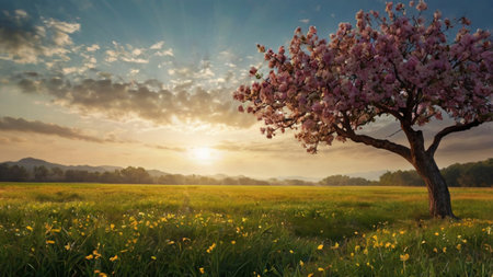 Beautiful spring landscape with blossoming tree on the meadow.の写真素材
