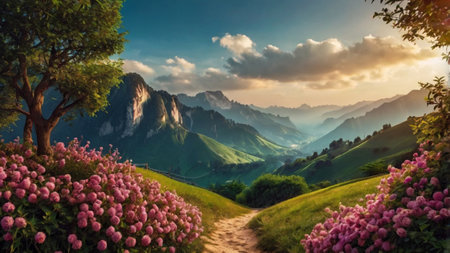 Beautiful summer landscape in the mountains with blooming meadows.の写真素材