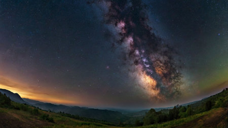 Milky Way over the mountains with stars in the night sky.の写真素材
