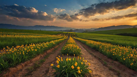 Field of daffodils at sunset, Mae Hong Son, Thailandの写真素材