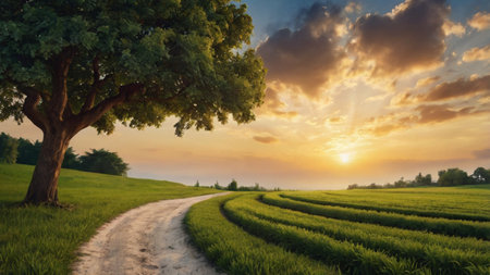 Sunset over green field and lonely tree. Beautiful rural landscape.