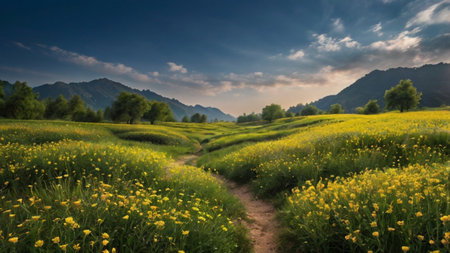 Rural landscape in the mountains with yellow flowers and blue sky.