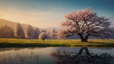 Cherry blossom tree with reflection in the lake at sunrise.