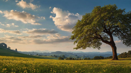 Beautiful summer landscape with a lonely tree on the meadow.